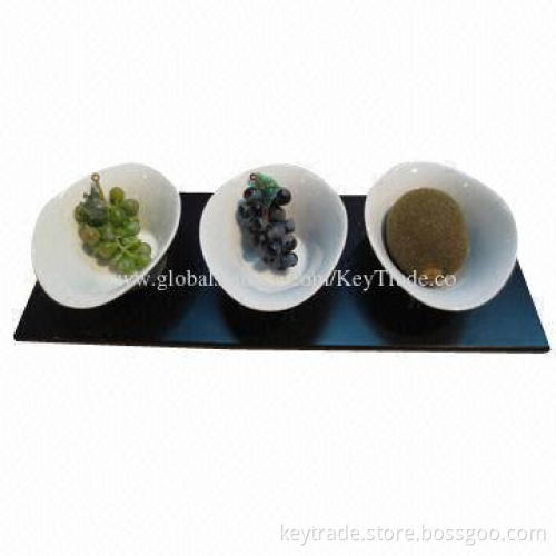 Fine porcelain appetizer plate with wooden tray